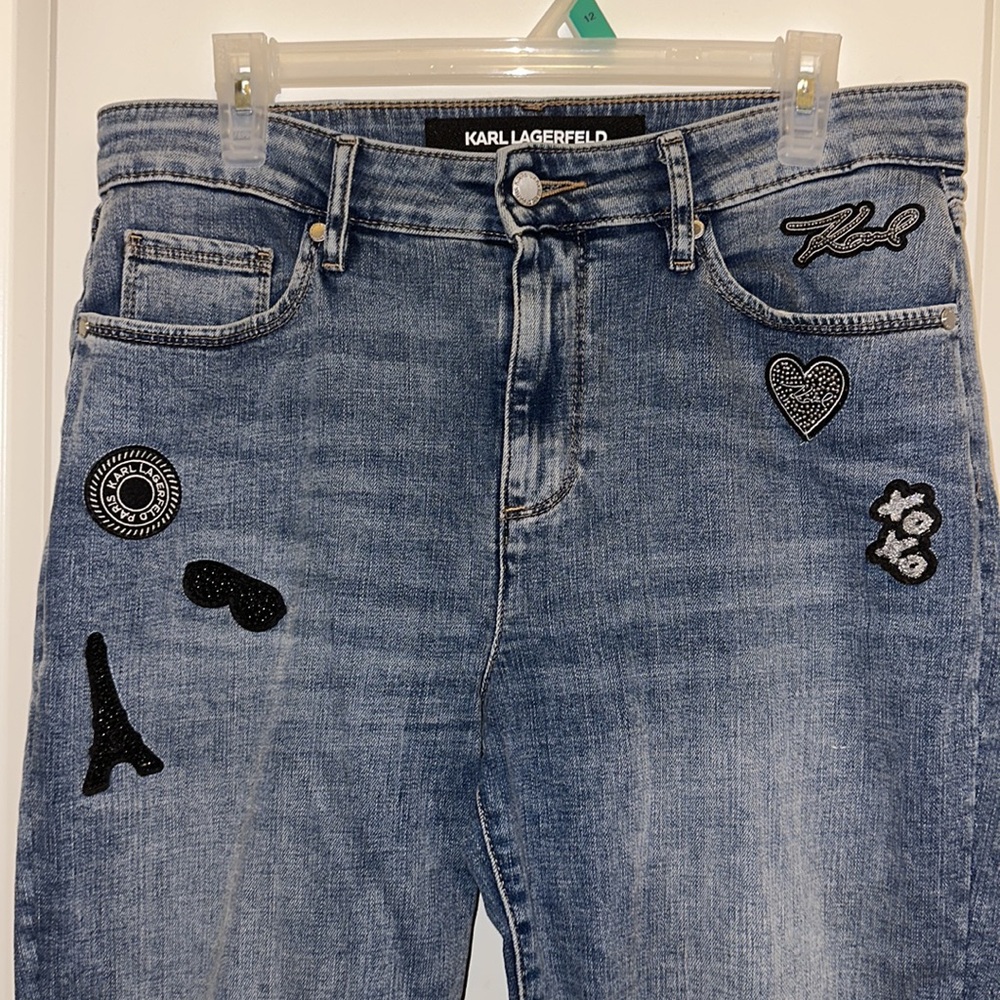Karl Lagerfeld cropped jeans with black sparkly patches, Sz 6.